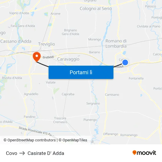 Covo to Casirate D' Adda map