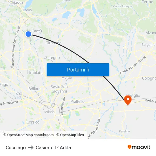 Cucciago to Casirate D' Adda map