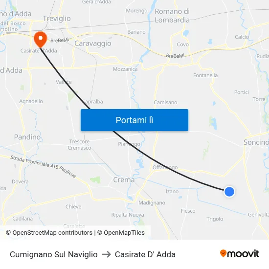 Cumignano Sul Naviglio to Casirate D' Adda map