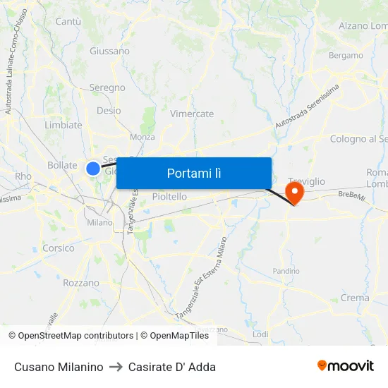 Cusano Milanino to Casirate D' Adda map
