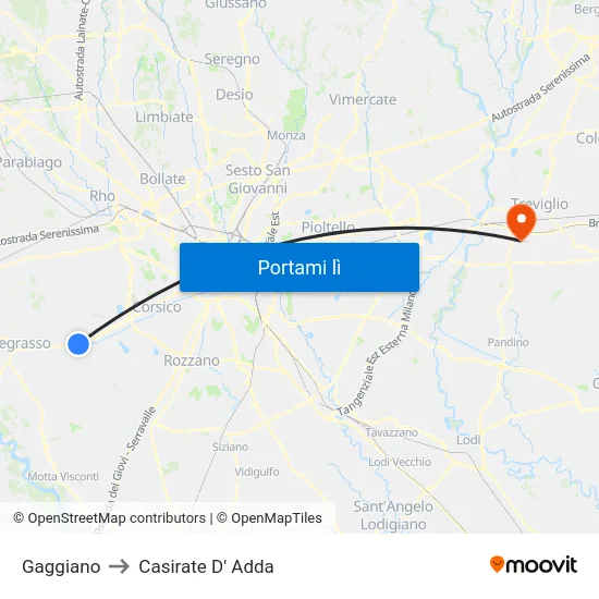 Gaggiano to Casirate D' Adda map