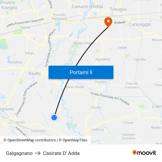 Galgagnano to Casirate D' Adda map