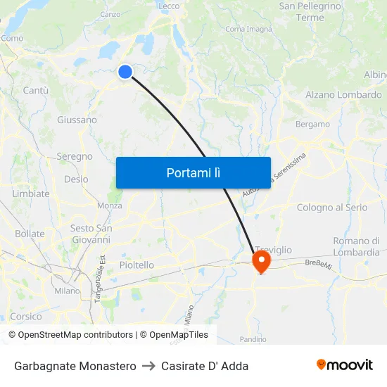 Garbagnate Monastero to Casirate D' Adda map