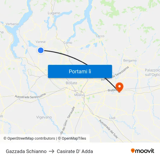Gazzada Schianno to Casirate D' Adda map