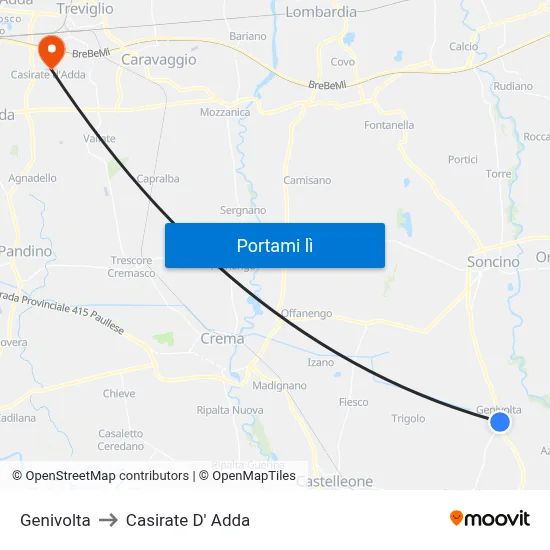 Genivolta to Casirate D' Adda map