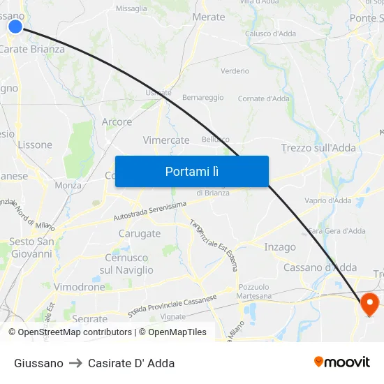 Giussano to Casirate D' Adda map