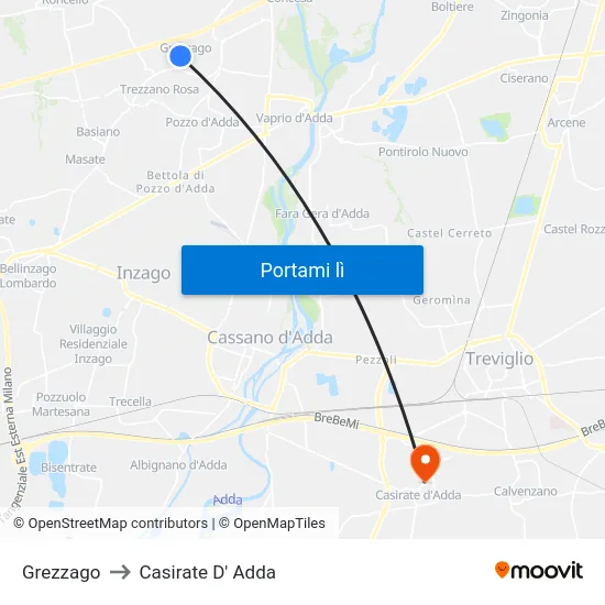 Grezzago to Casirate D' Adda map