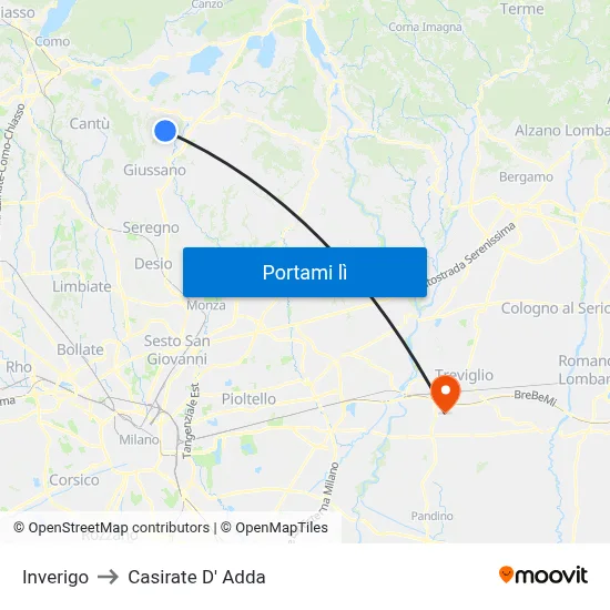 Inverigo to Casirate D' Adda map