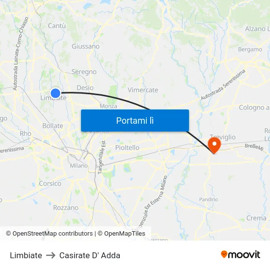 Limbiate to Casirate D' Adda map