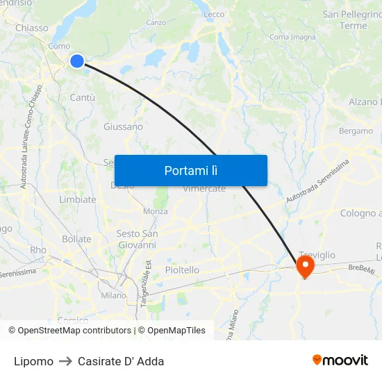 Lipomo to Casirate D' Adda map