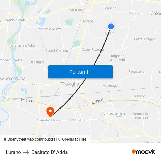Lurano to Casirate D' Adda map