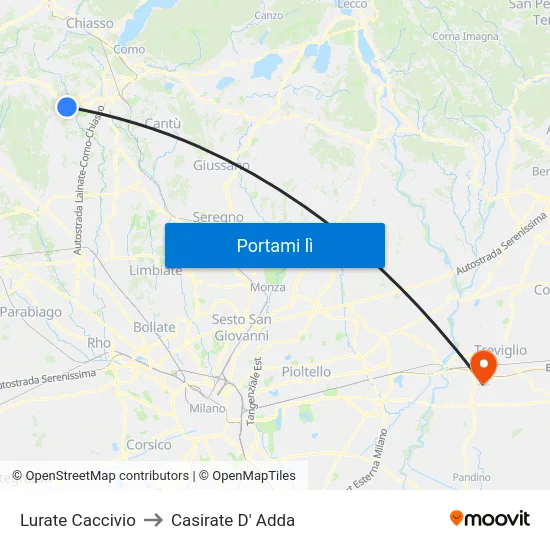 Lurate Caccivio to Casirate D' Adda map