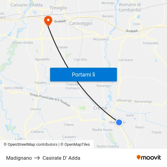 Madignano to Casirate D' Adda map