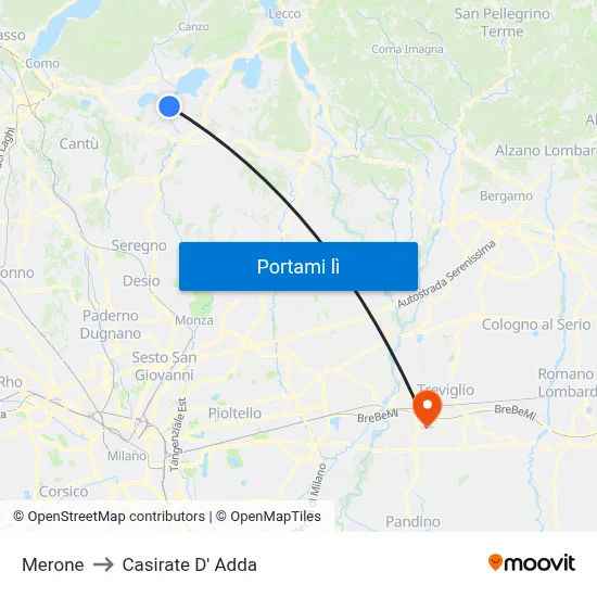 Merone to Casirate D' Adda map