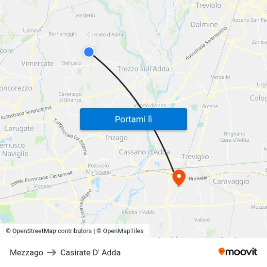 Mezzago to Casirate D' Adda map