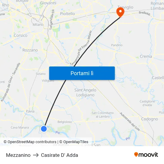 Mezzanino to Casirate D' Adda map