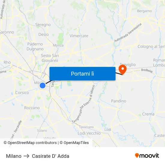 Milano to Casirate D' Adda map