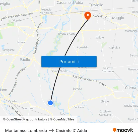 Montanaso Lombardo to Casirate D' Adda map