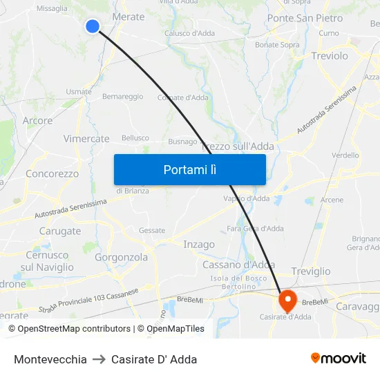 Montevecchia to Casirate D' Adda map