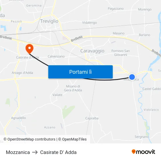Mozzanica to Casirate D' Adda map
