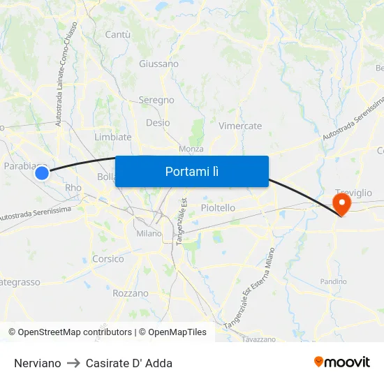 Nerviano to Casirate D' Adda map