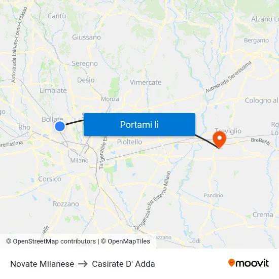 Novate Milanese to Casirate D' Adda map