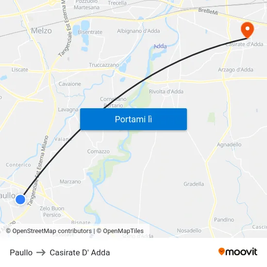 Paullo to Casirate D' Adda map