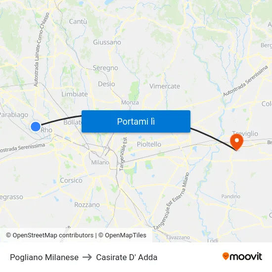 Pogliano Milanese to Casirate D' Adda map