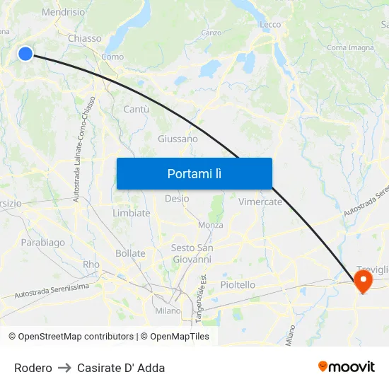 Rodero to Casirate D' Adda map