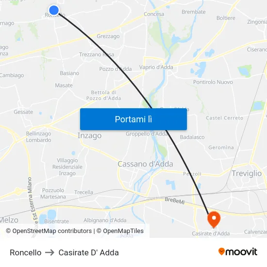 Roncello to Casirate D' Adda map