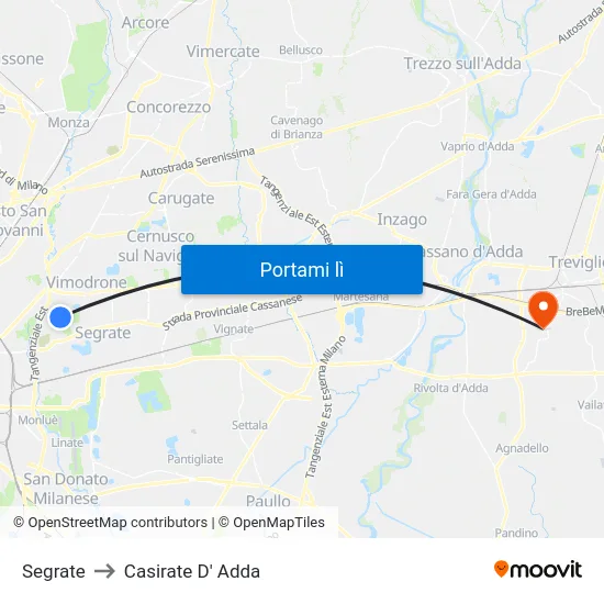 Segrate to Casirate D' Adda map