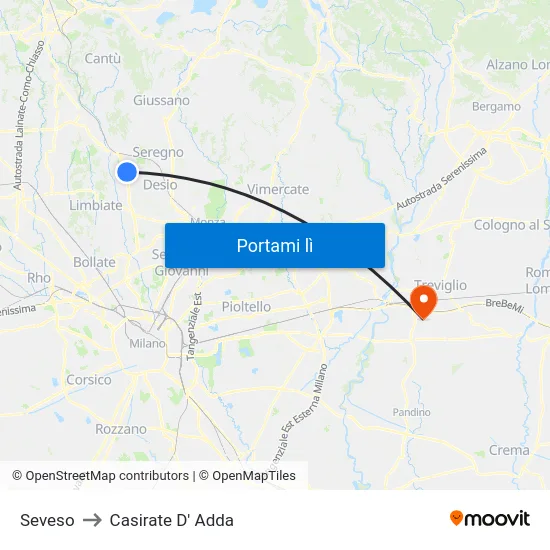 Seveso to Casirate D' Adda map