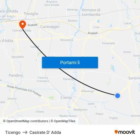 Ticengo to Casirate D' Adda map