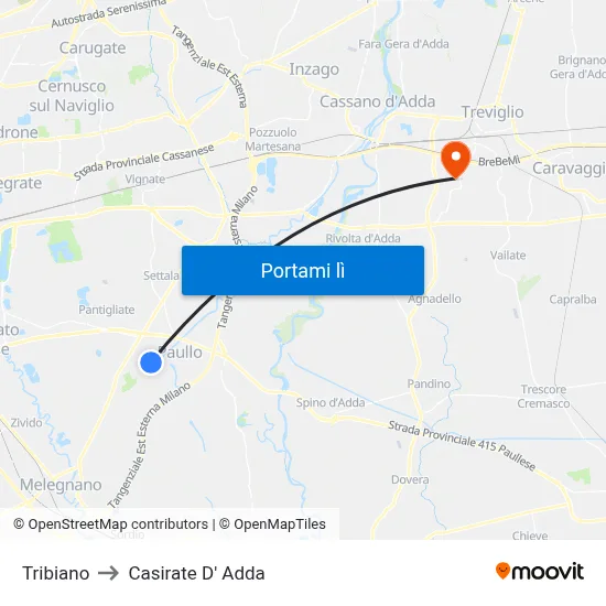 Tribiano to Casirate D' Adda map
