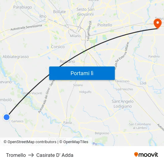 Tromello to Casirate D' Adda map