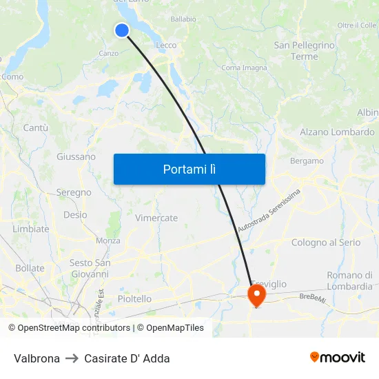 Valbrona to Casirate D' Adda map