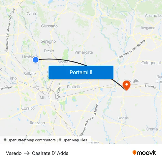Varedo to Casirate D' Adda map