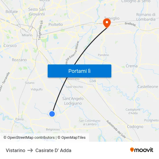 Vistarino to Casirate D' Adda map