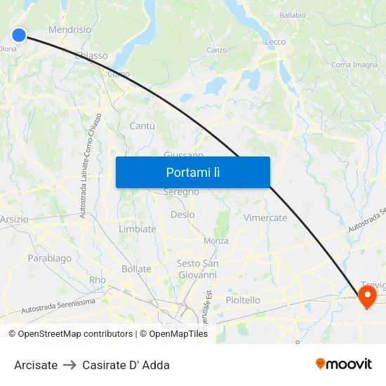 Arcisate to Casirate D' Adda map