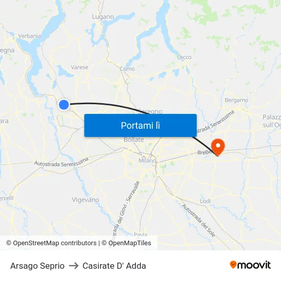Arsago Seprio to Casirate D' Adda map