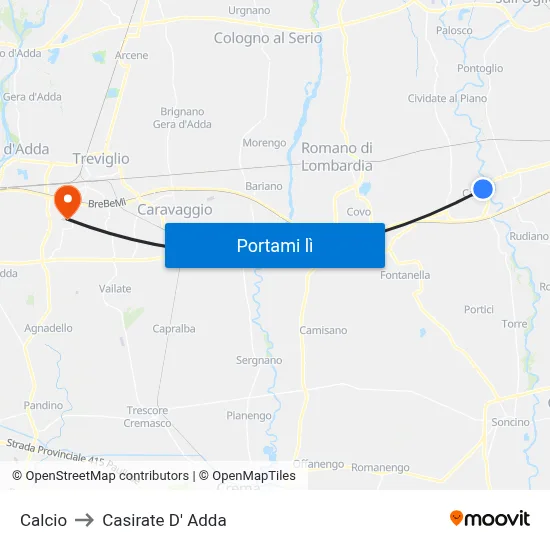 Calcio to Casirate D' Adda map
