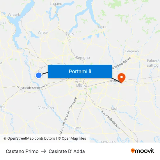 Castano Primo to Casirate D' Adda map