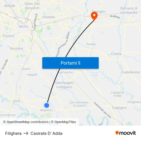 Filighera to Casirate D' Adda map