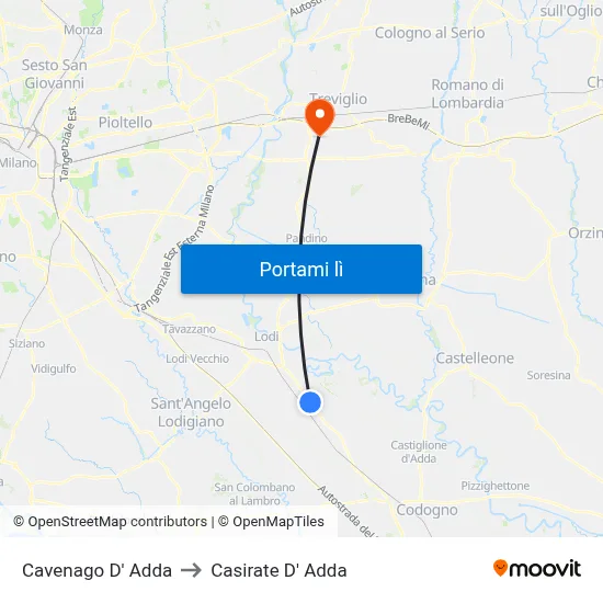 Cavenago D' Adda to Casirate D' Adda map