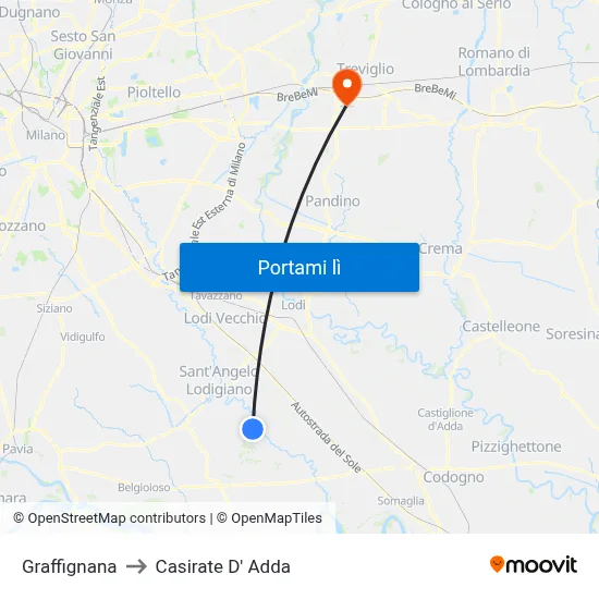 Graffignana to Casirate D' Adda map