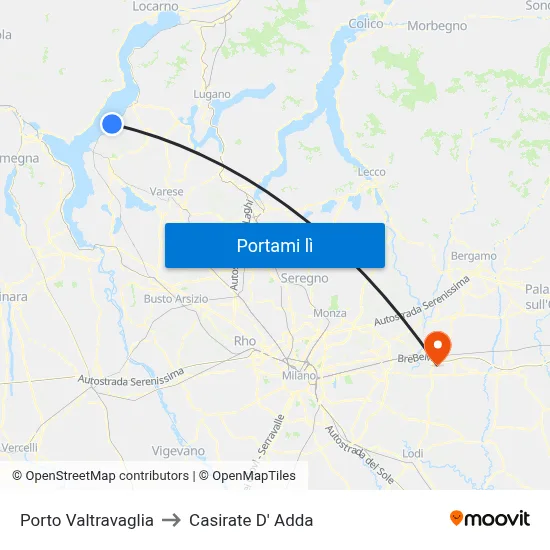 Porto Valtravaglia to Casirate D' Adda map