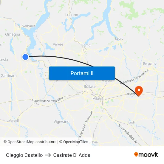 Oleggio Castello to Casirate D' Adda map