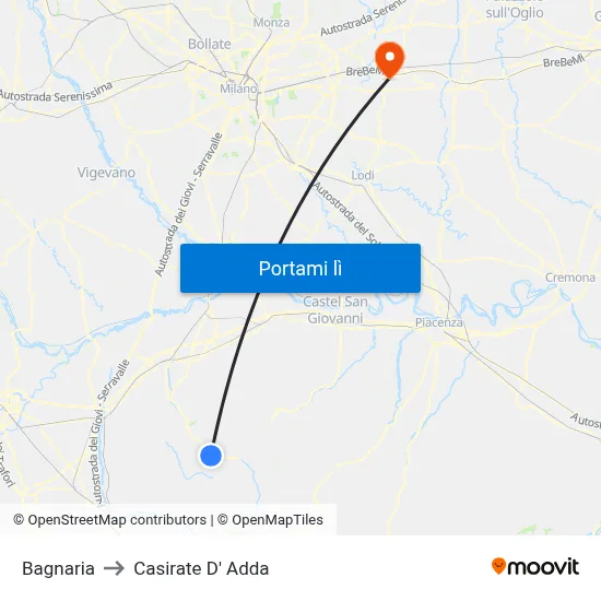 Bagnaria to Casirate D' Adda map