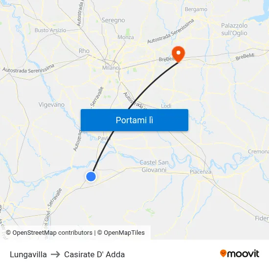 Lungavilla to Casirate D' Adda map