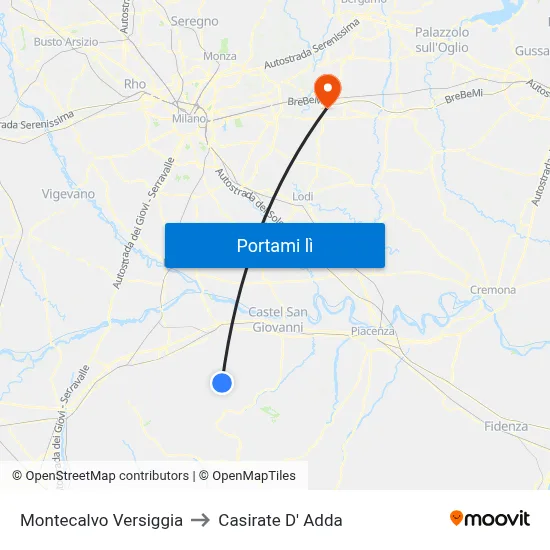 Montecalvo Versiggia to Casirate D' Adda map